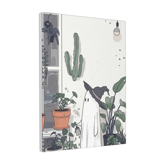 12x16 inch Frameless Canvas Painting White Phantom Watering Flowers,Garden Yard Decor Accessory,Funny Phantom & Flower Modern Style Canvas Prints,Gift For Flower Lovers,Man Cave,Florists,Bar