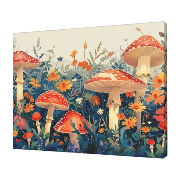 12x16 inch Kitchen Decorative Painting Red Mushroom & Flower Plant,Pastoral Yard Garden Decor Accessory,Indoor Bedroom,Lounge,Study Wall Decor Canvas Paintings,Funny Gift For Mushroom Lovers