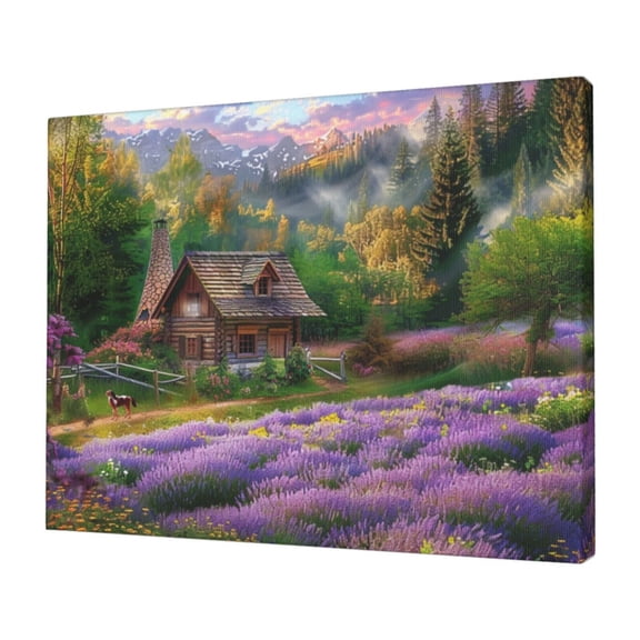 12x16 inch Lavender Cottage Canvas Frameless Painting,Apartment Living Room,Man Cave,Bar,Bedroom Wall Art Prints Decor,Exquisite Lavender Cottage Art Paintings On Canvas,For Flower Lover Gift