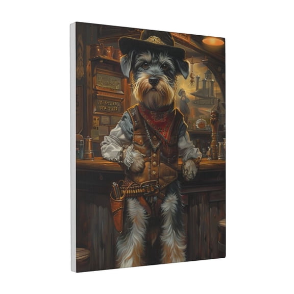 12x16 inch Oil Painting&nbsp;Wall Art Schnauzer Cowboy In The Tavern,Family Kitchen,Bathroom,Lounge,Tavern Wall Art Decor Poster Canvas,Gift For Cowboy & Schnauzer Lover,Modern Style Tavern Decor