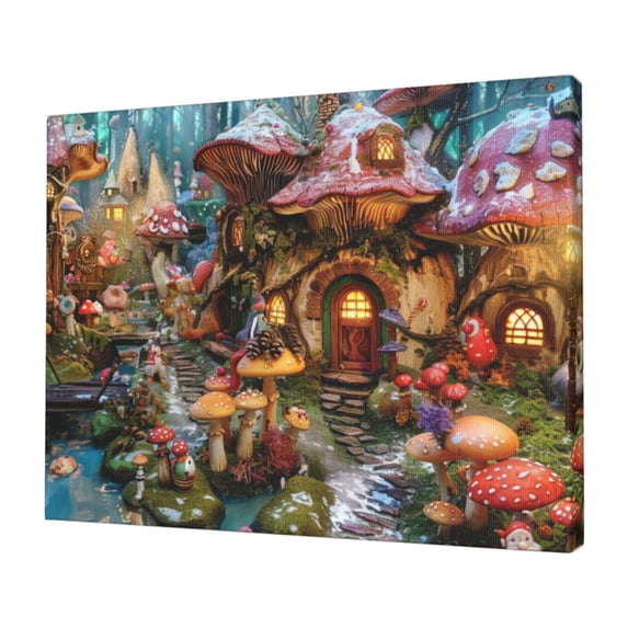 12x16 inch Oil Paintings On Canvas Mushroom House World,Rustic Garden Yard Wall Decor Art Painting Poster,Modern Style Mushroom House World Art Decorative Prints,Gift For Mushroom Enthusiast