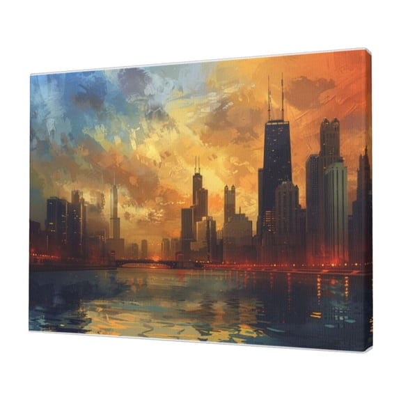 12x16 inch Oil Paintings Canvas Wall Art Twilight Modern City,Man Cave,Lounge,Bathroom Decorative Painting,Classic Chicago Modern City Hanging Picture,For Landscape Lovers Gifts,Cafes,Office