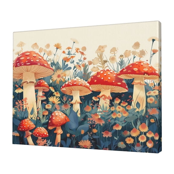 12x16 inch Red Mushroom & Flower Canvas Hanging Picture Yard Decor,Rustic Yard Garden,Bathroom Wall Decor Painting Poster,Gifts For Mushroom Lovers,Modern Art Red Mushroom & Flower Paintings
