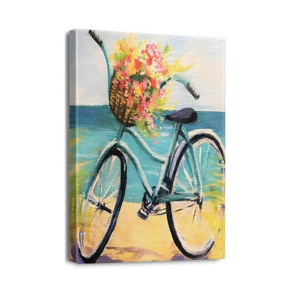12x16 inch Wall Art for Home Decor Coastal Beach Bicycle Theme, Rustic Bike & Floral Butterfly Canvas Painting for Bathroom, Bedroom, Living Room
