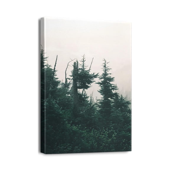 12x16in Foggy Mountain & Forest Wall Decor Green Woodland Scenery - Aesthetic Nature Draw for a Serene Bedroom Setting