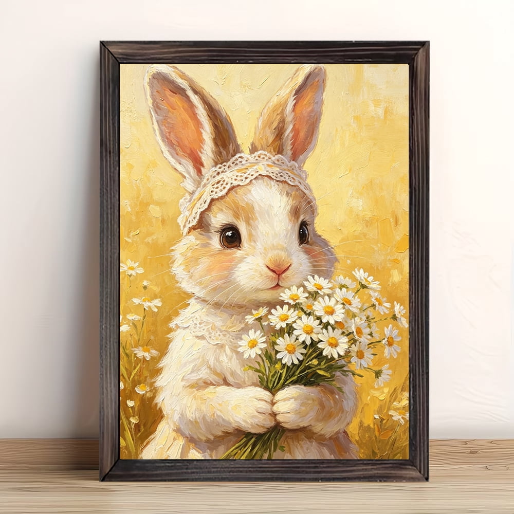 12x16in Framed Bunny Rabbit with Daisies Wood Print, Wooden Frame ...