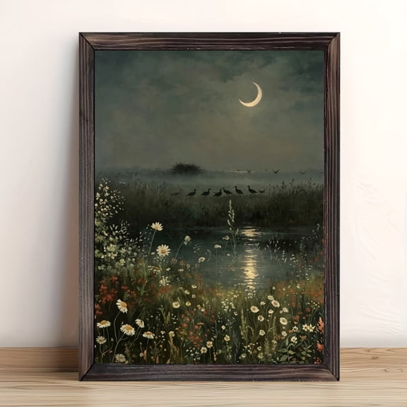 12x16in Framed Crescent Moon Marsh Wildflower Wood Print, Night Wetland Oil Painting Wall Art for Bedroom Living Room Home Decor