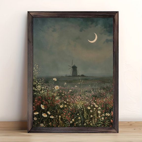 12x16in Framed Crescent Moon Windmill Wildflower Wood Print, Night Countryside Oil Painting Wall Art for Bedroom Living Room Home Decor