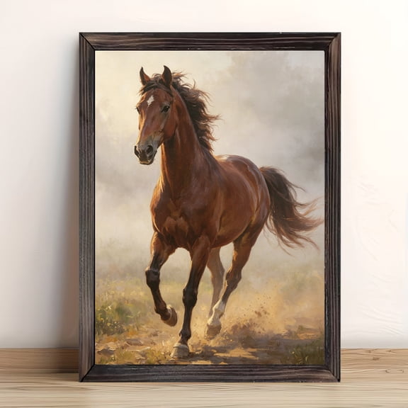12x16in Framed Misty Morning Running Horse Oil Painting Wood Print, Equestrian Wall Art for Farmhouse Living Room Home Decor