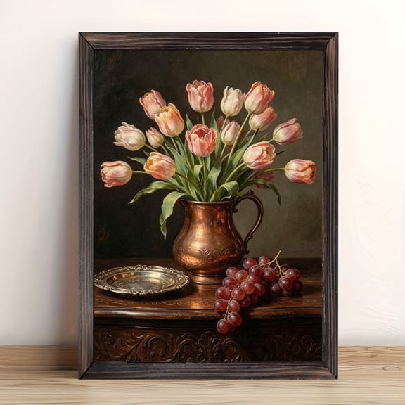12x16in Framed Pink Tulips Copper Pitcher Wood Print, Wooden Frame & Wooden Backing, Vintage Grape Still Life Oil Painting Wall Art, Classic Farmhouse Kitchen Home Decor