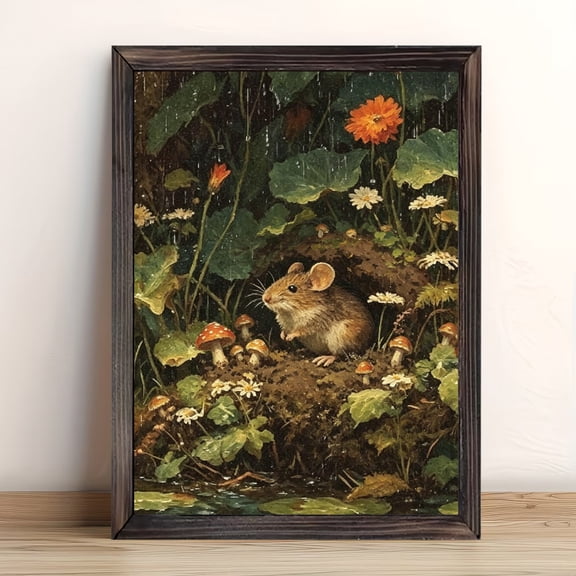 12x16in Framed Rainy Forest Mouse with Mushrooms Wood Print, Cute Wildlife Oil Painting Wall Art for Bedroom Living Room Home Decor