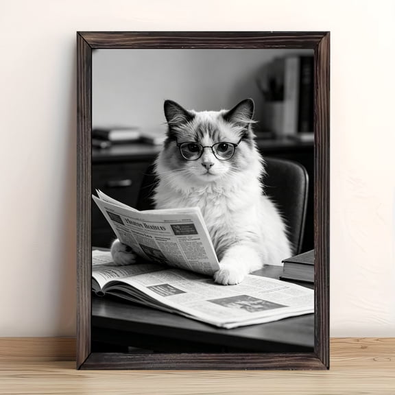 12x16in Framed Reading Cat Black and White Wood Print, Funny Pet Wall Art for Home Office Bedroom Decor