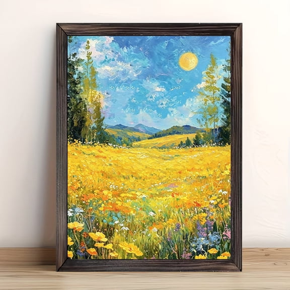 12x16in Framed Sunlit Wildflower Meadow Wood Print, Mountain Landscape Oil Painting Wall Art for Bedroom Living Room Home Decor