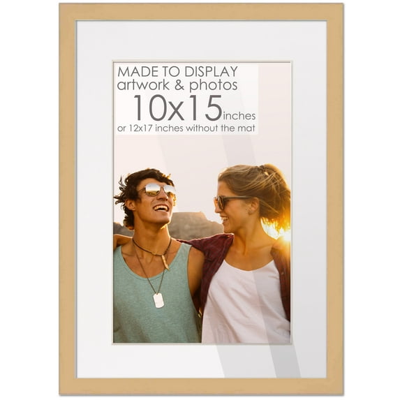 12x17 Natural Picture Frame with 9.5x14.5 White Mat Opening for 10x15 Image, 0.75 Inch Border, UV