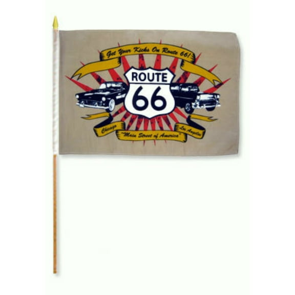 12x18 12"x18" Route 66 Tan Two Cars Stick Flag wood Staff