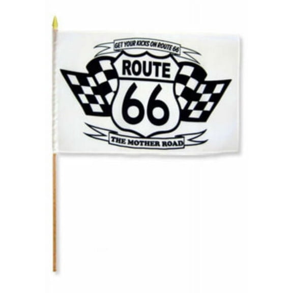 12x18 12"x18" Route 66 White With Checkered Racing Flags Stick Flag wood Staff