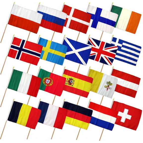 12x18 12"x18" Set of 20 European Europe Countries Stick Flag wood Staff