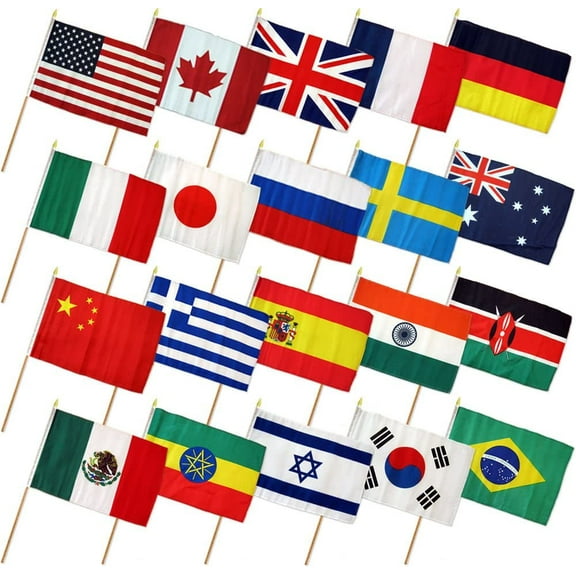 12x18 12"x18" Set of 20 International Countries Stick Flag Wood Staff
