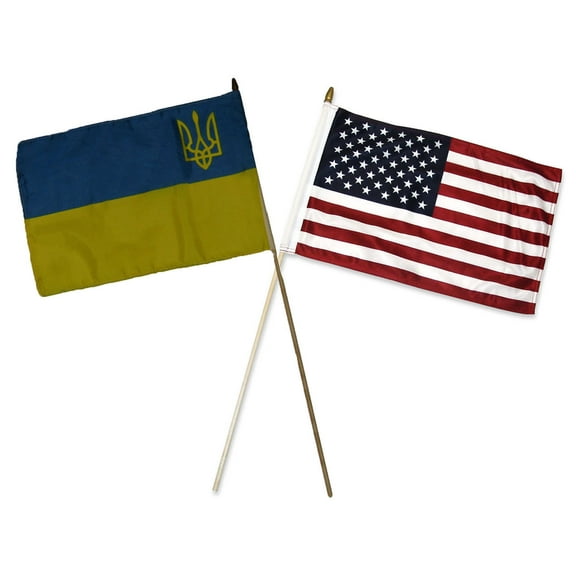 12x18 12"x18" Wholesale Combo USA & Ukraine Trident Small Symbol Stick Flag