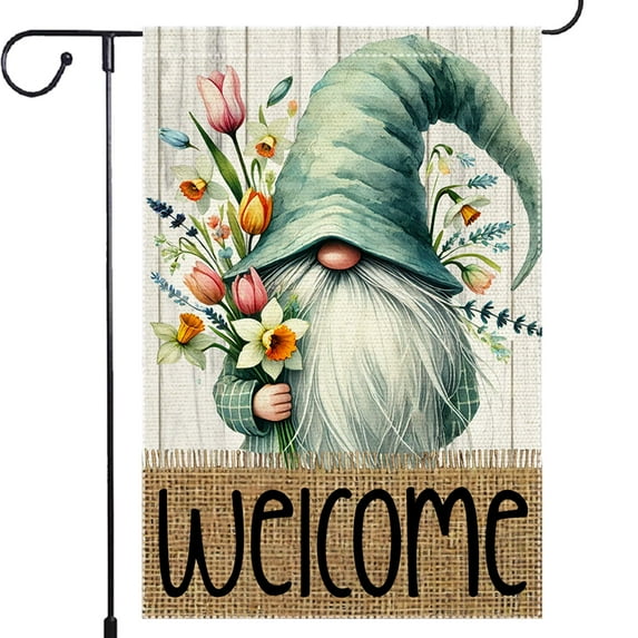 12x18 Burlap Double Sided Spring Summer Gnome Garden Flag Welcome Floral Buffalo Plaid Wildflowers Outside Yard Decoration