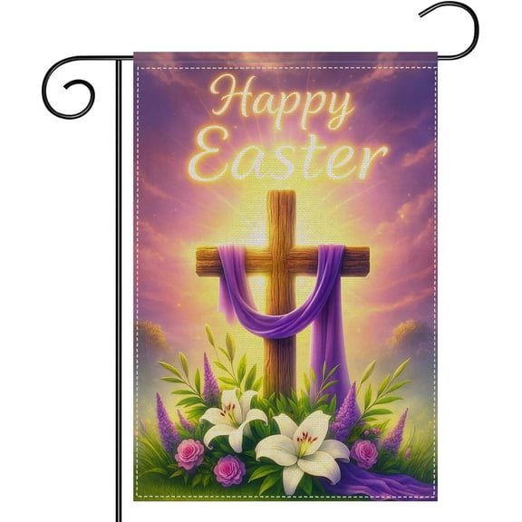 12x18 Christian Spring Easter Flag He is Risen Religious Cross with Lilies Double Sided Polyester Banner for Lawn Patio Church Decor