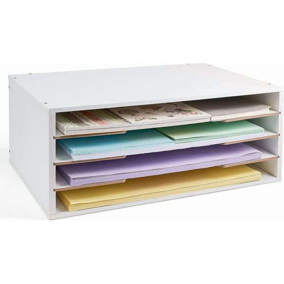 12x18 Construction Paper Organizer, 4-Tiers Paper Storage Shelf, Wooden Desk Organizer, File Holder and Letter Tray for Office, Home, Classroom