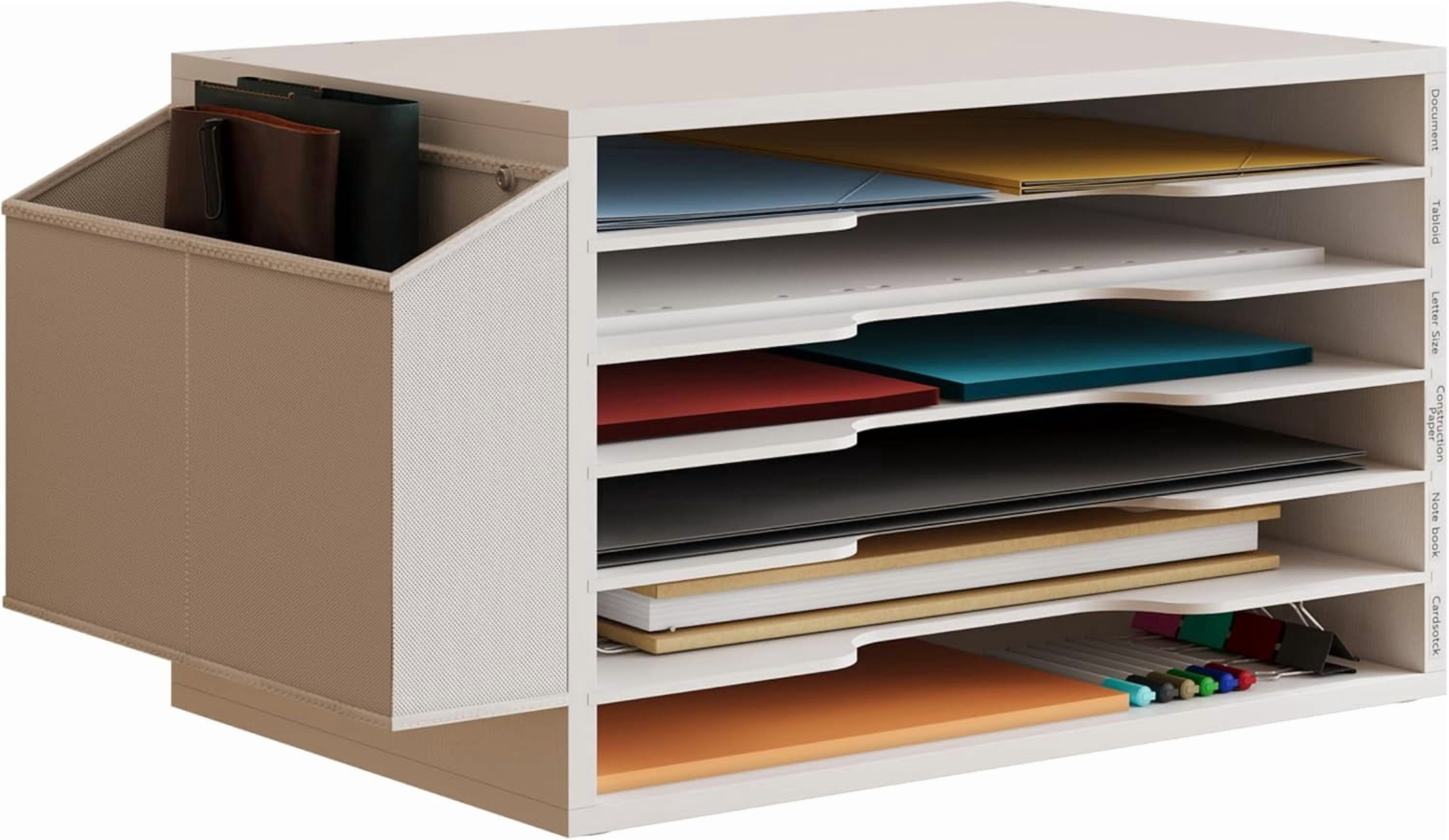 12x18 Construction Paper Organizer,6-Tier Adjustable Literature Organizer,Large Wooden File Sorter with Side Pocket,Office Mailbox for Home,Classroom,Office (White, Large 6 Slots)