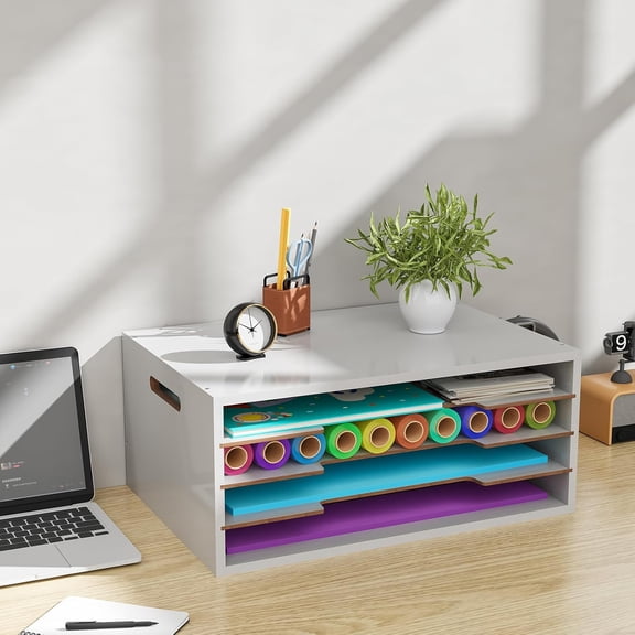 12x18 Construction Paper Organizer Wood, 4 Tier Desk File Organizer with Handle, Stackable Paper Sorter Storage Holder with Adjustable Shelves for Craft Room Home Office Classroom, White