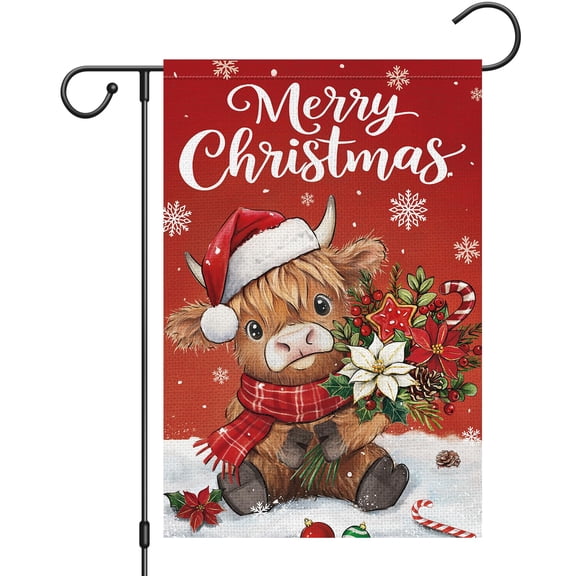 12x18 Double Sided Burlap Farmhouse Easter Flag, Happy Easter Highland Cow Bunny Cute Spring Outdoor Yard Decor (Only Flag)