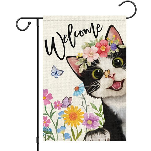 12x18 Double Sided Outdoor Burlap Garden Flag Welcome Spring Cat Spring Summer Floral Butterfly Vertical Yard Decoration (ONLY FLAG)
