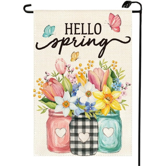 12x18 Double Sided Outside Spring Garden Flag, Hello Spring Floral Mason Jar Yard Decor