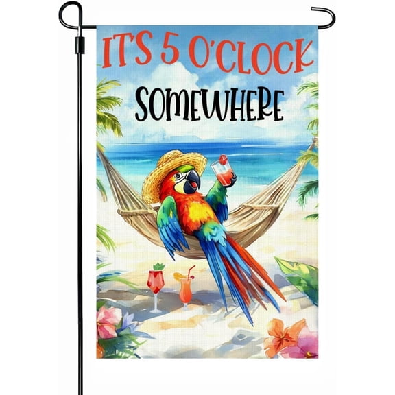 12x18 Double Sided Printed Burlap Garden Flag It's 5 o'clock Somewhere Parrot Beach Summer Vibes Family Decor (A)