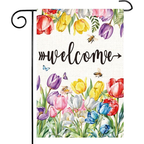 12x18 Double Sided Welcome Tulip Garden Flag Spring Summer Floral Bee Butterfly Farmhouse Yard Outdoor Decor