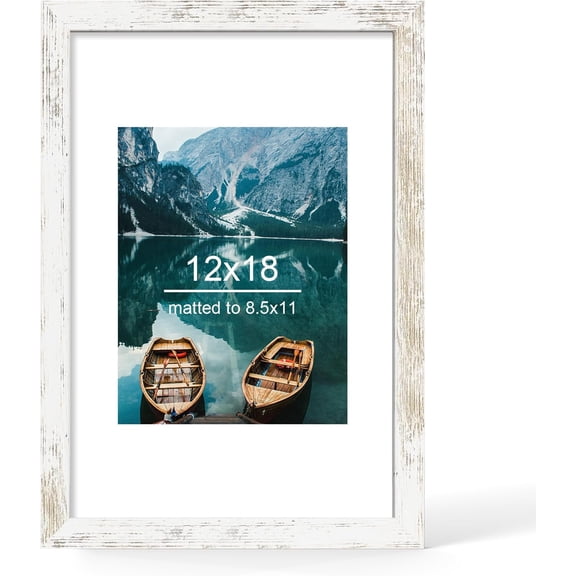 12x18 Frame, Distressed White Wood Style - Display 8.5 x 11 Picture with Mat or 12x18 Poster without Mat, Wall Mounting Horizontal and Vertical, 1 Pack