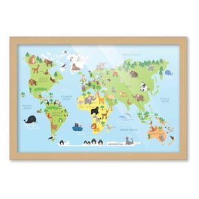 12x18 Framed Nursery Wall Art Animals Around the World Map Poster In Natural Wood Frame For Kid
