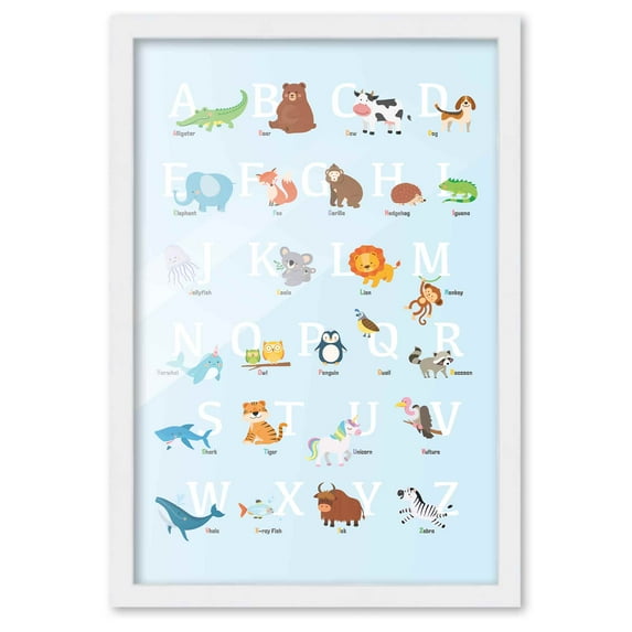 12x18 Framed Nursery Wall Art Blue Animal ABC Poster In White Wood Frame For Kid Bedroom or