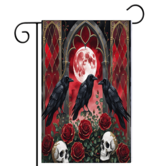 12x18" Gothic Raven & Blood Moon Halloween Garden Flag - Skulls, Roses Outdoor Decor