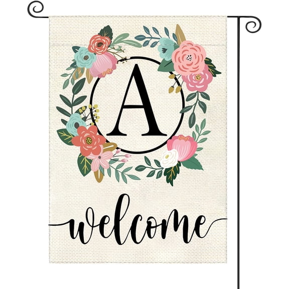 12x18 Inch Double Sided Floral Burlap Garden Flag Monogram Letter Last Name Initial Yard Flag for Outside Patio