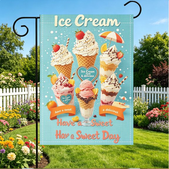 12x18 Inch Double Sided Garden Flag, Colorful Waffle Cone Ice Cream Print, Summer Outdoor Patio Yard Welcome Decoration, No Flagpole Included