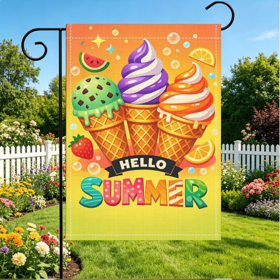 12x18 Inch Double Sided Garden Flag, Hello Summer Ice Cream Fruit Pattern, Outdoor Patio Yard Summer Holiday Decoration, No Flagpole Included