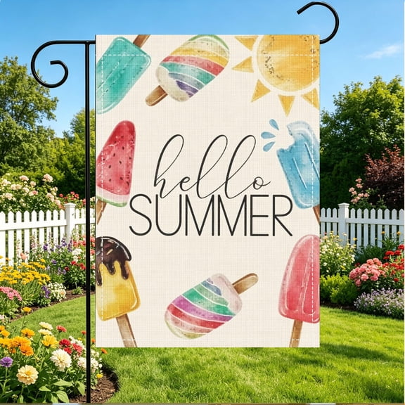 12x18 Inch Double Sided Garden Flag, Hello Summer Watercolor Ice Cream Print, Outdoor Yard Garden Party Holiday Decoration, No Flagpole Included