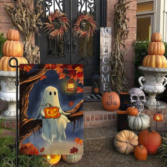 12x18 Inch Double Sided Ghost Halloween Garden Flag, Spooky Halloween Yard Flag, Weather Resistant Outdoor Decorative Banner for Yard Lawn Patio Porch Home Holiday Decoration, Multicolor