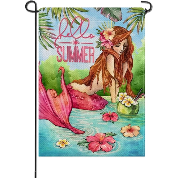 12x18 Inch Double Sided Mermaid Hibiscus Garden Flag Hello Summer Lakehouse Burlap Palm Leaves Coconut Outdoor Yard Decor