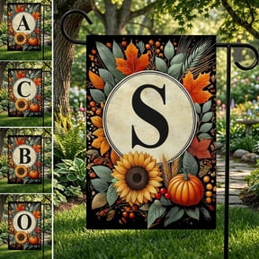 12x18 Inch Double Sided Monogram Garden Flag, Personalized A-Z Initial Fall Yard Decor with Autumn Pumpkin & Sunflower, Harvest Thanksgiving Gift (Flagpole Not Included)