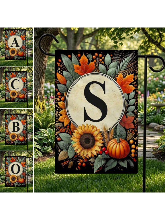 12x18 Inch Double Sided Monogram Garden Flag, Personalized A-Z Initial Fall Yard Decor with Autumn Pumpkin & Sunflower, Harvest Thanksgiving Gift (Flagpole Not Included)