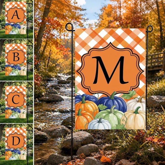 12x18 Inch Double Sided Monogram Garden Flag, Personalized A-Z Initial Fall Yard Decor with Plaid & Multi-Shade Pumpkins, Harvest Thanksgiving Gift (Flagpole Not Included)
