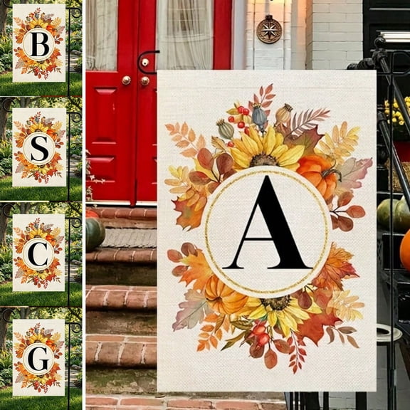12x18 Inch Double Sided Monogram Garden Flag, Personalized A-Z Initial Fall Yard Decor with Pumpkin, Sunflower & Maple Berry, Harvest Thanksgiving Gift (Flagpole Not Included)
