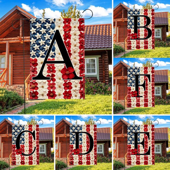 12x18 Inch Double Sided Monogram Garden Flag, Personalized A-Z Initial Patriotic Yard Decor with Floral Stripes & Stars, 4th of July & Holiday Gift (Flagpole Not Included)