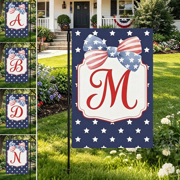 12x18 Inch Double Sided Monogram Garden Flag, Personalized A-Z Initial Patriotic Yard Decor with Stars, Stripes & Bow, 4th of July Holiday Gift (Flagpole Not Included)