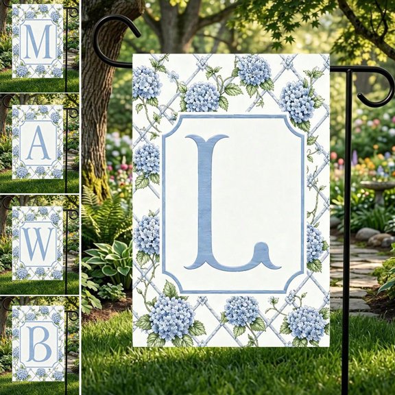 12x18 Inch Double Sided Monogram Garden Flag, Personalized A-Z Initial Welcome Yard Decor with Blue Hydrangea & Lattice, Year-Round Patio Gift (Flagpole Not Included)
